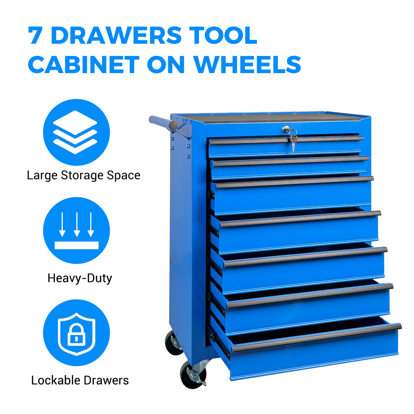 Rolling 7-Drawer Metal Tool Chest - 20" Blue Storage Cabinet