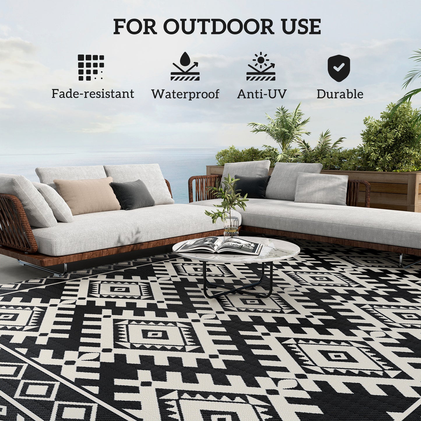 Reversible Waterproof Outdoor Rug - 9' x 18' Black & White Rhombus