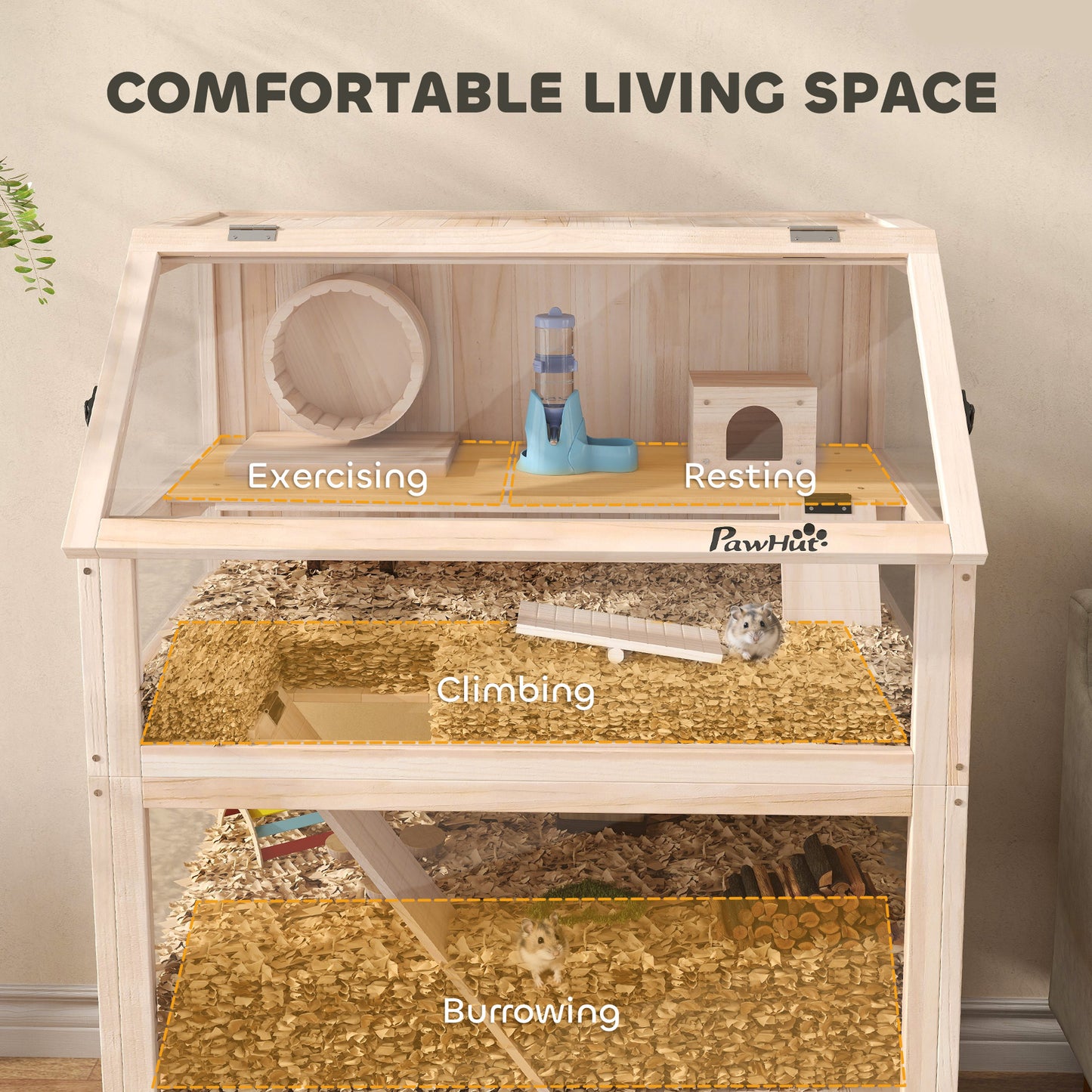 Wooden Hamster Cage with Detachable Floors & Accessories - Natural Wood