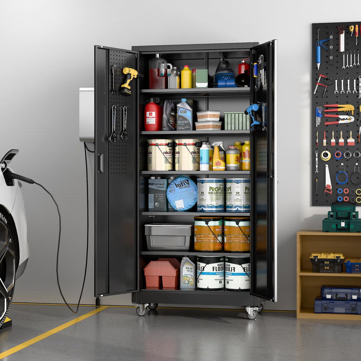 Metal Garage Storage Cabinet with Wheels - 34" W, Lockable, 5 Shelves