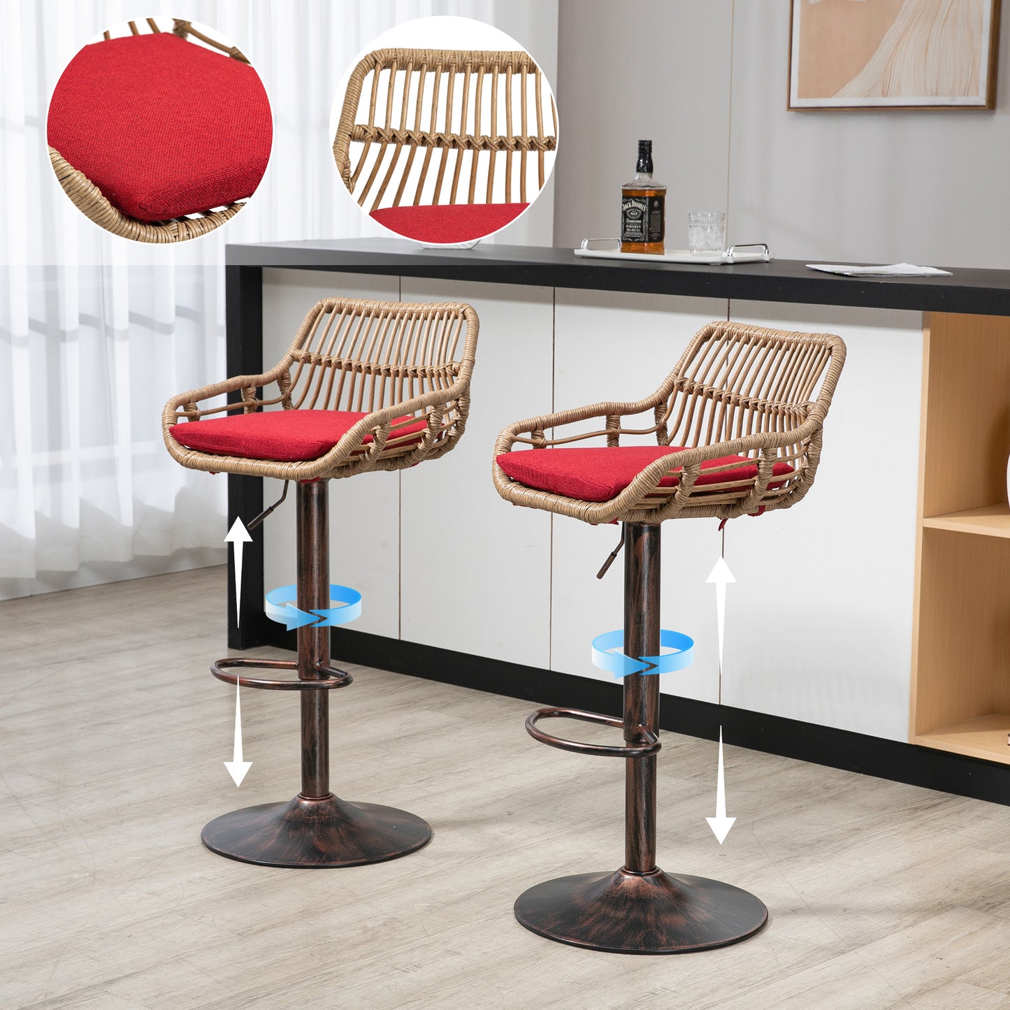 Adjustable Swivel Bar Stools Set of 2 - Red Kitchen Chairs