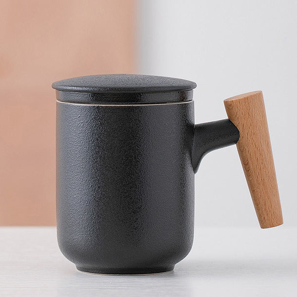 Ceramic Frosted Mug with Wooden Handle - Household Office Drinkware Set