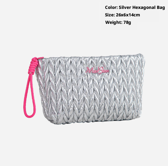 Silver Cosmetic Bag with 3D Vines and Folds, Nylon Makeup Organizer 26x6x14cm