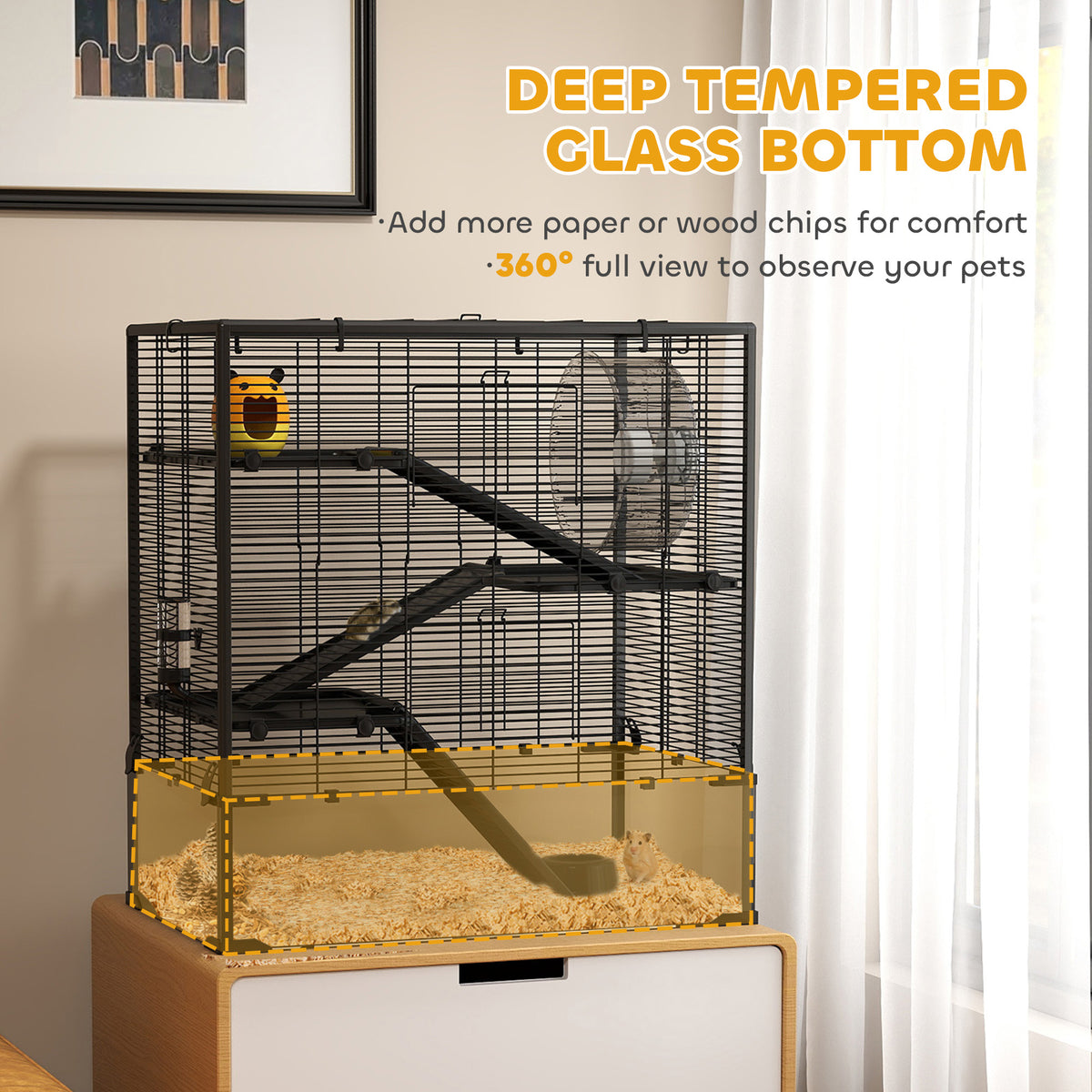 4-Tier Hamster Cage with Deep Tempered Glass Bottom & Accessories, Black