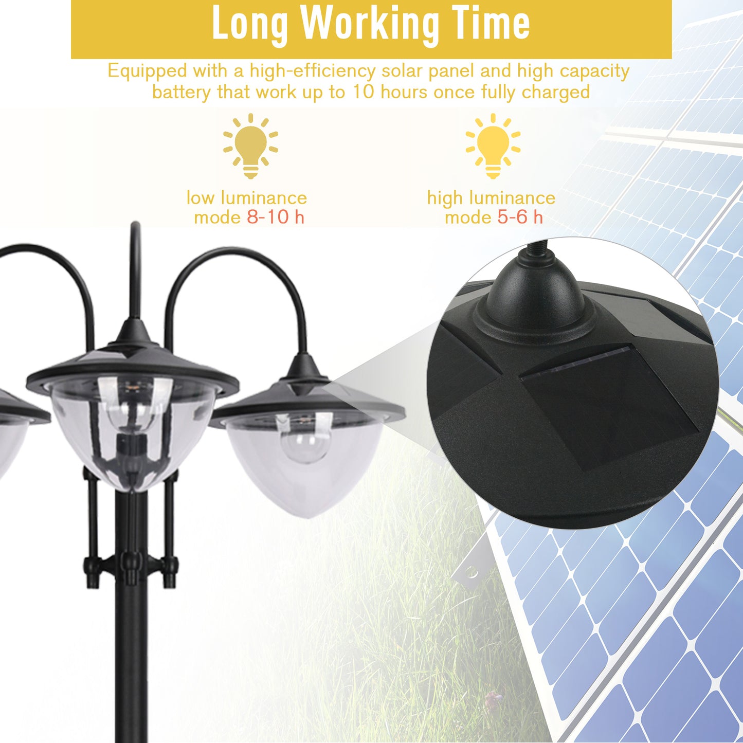 74.5" 3-Head Solar Lamp Post Light with Planter - Black