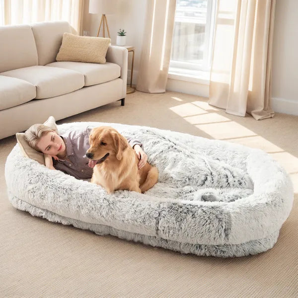 Large Human Dog Bed with Faux Fur Cover, Orthopedic Napping Pillow & Blanket