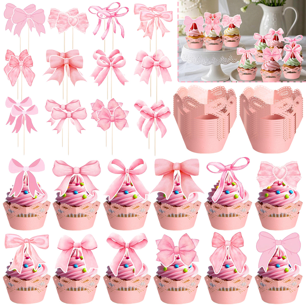 48-Piece Pink Bow Cupcake Toppers Kit - Party Supplies