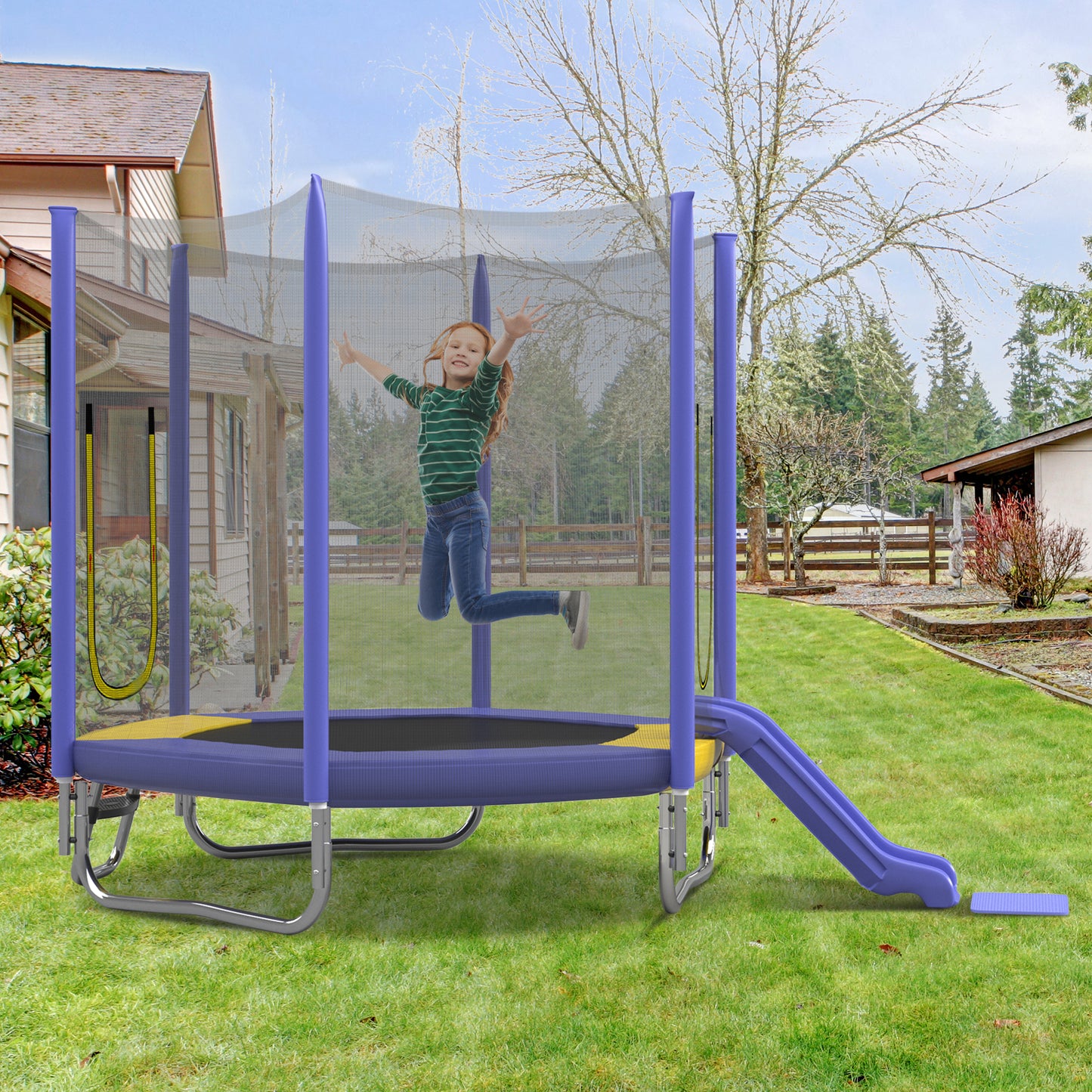 7FT Trampoline For Kids With Safety Enclosure Net, Slide And Ladder,