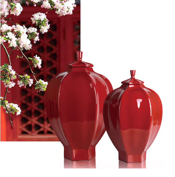 Red Hexagonal Ceramic Vase Ornament - Small & Large Sizes