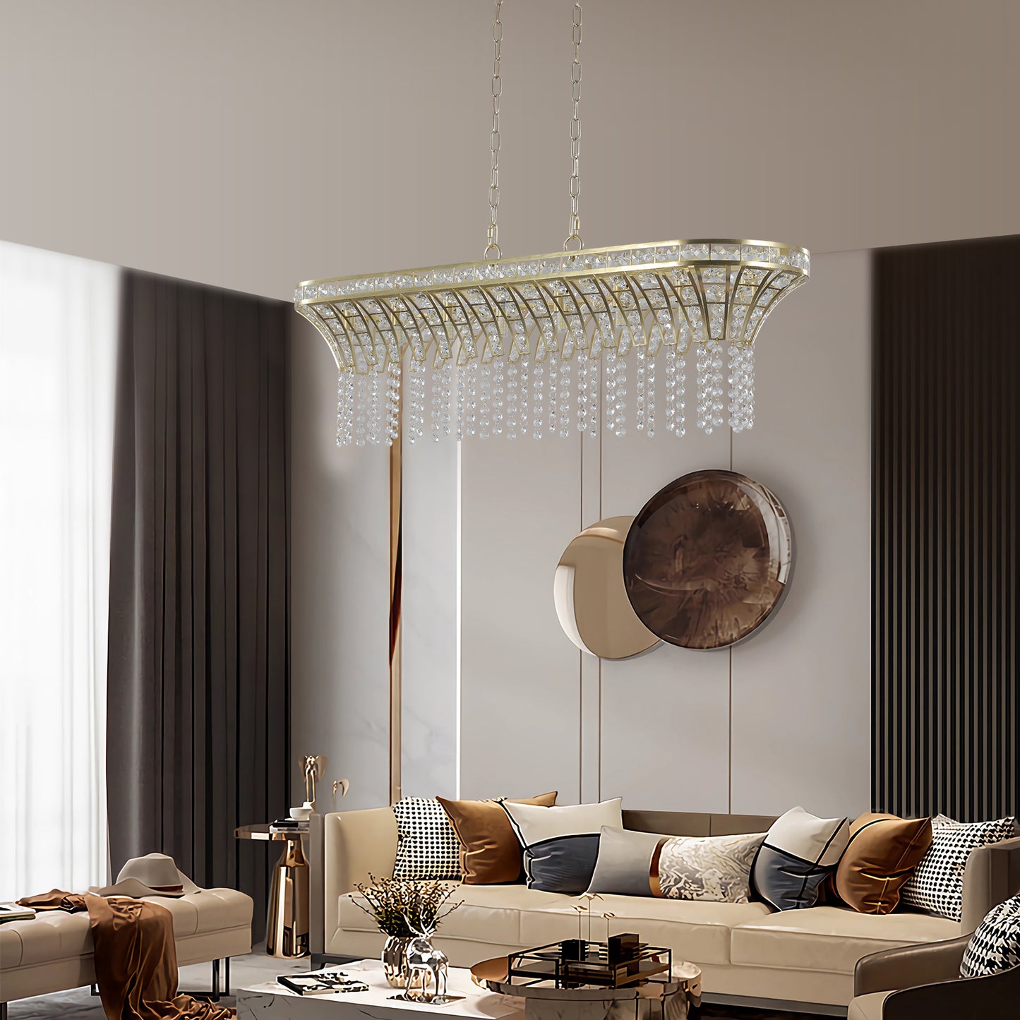 39-Inch Crystal Linear Chandelier with Gold Finish - Elegant Pendant Light