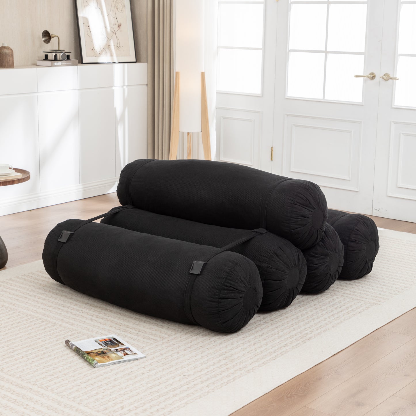 Adjustable Corduroy Floor Sofa - Black Multi-Person Leisure Chair