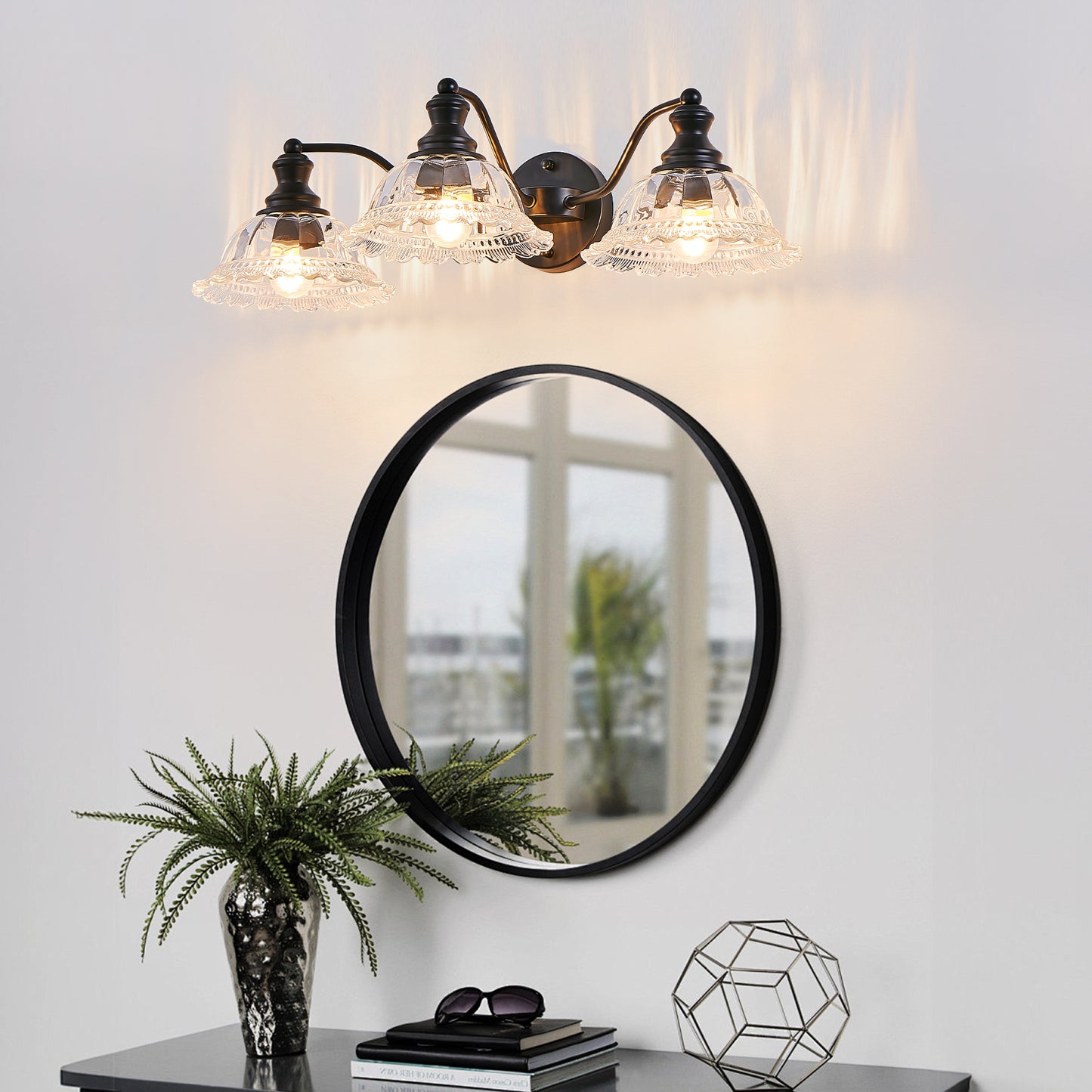 24 Inch 3-Light Vintage Bathroom Wall Sconce Black Metal Glass Vanity Light Fixture