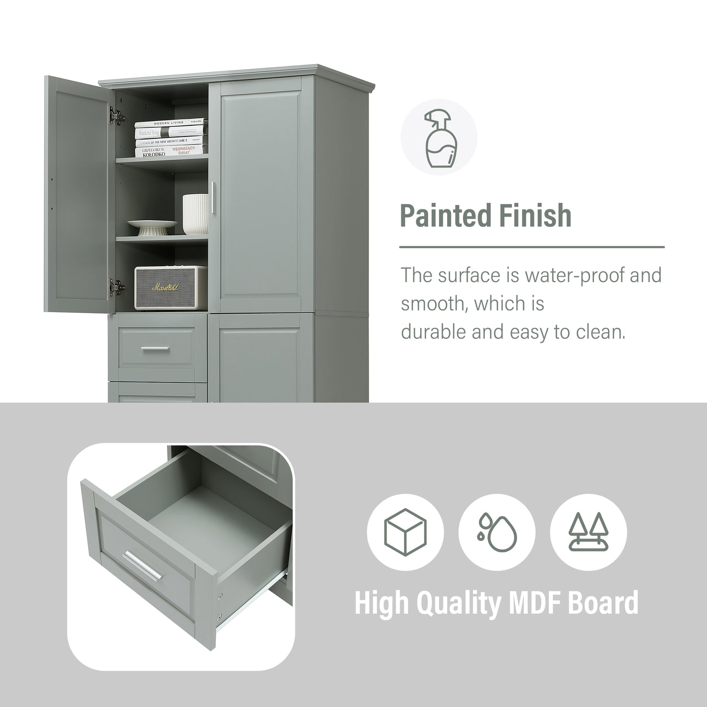 Tall Grey Storage Cabinet with Doors & Three Drawers for Office/Bathroom
