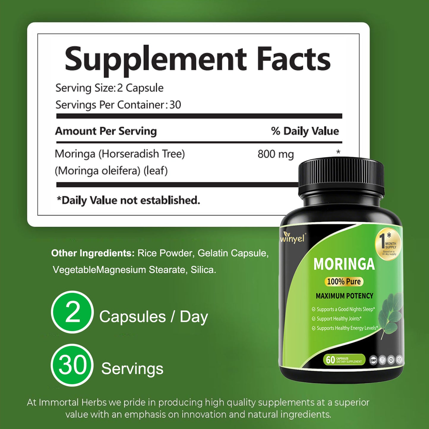 Pure Moringa Leaf Capsules - High Potency Nutrient-Dense Supplement - 60 Count