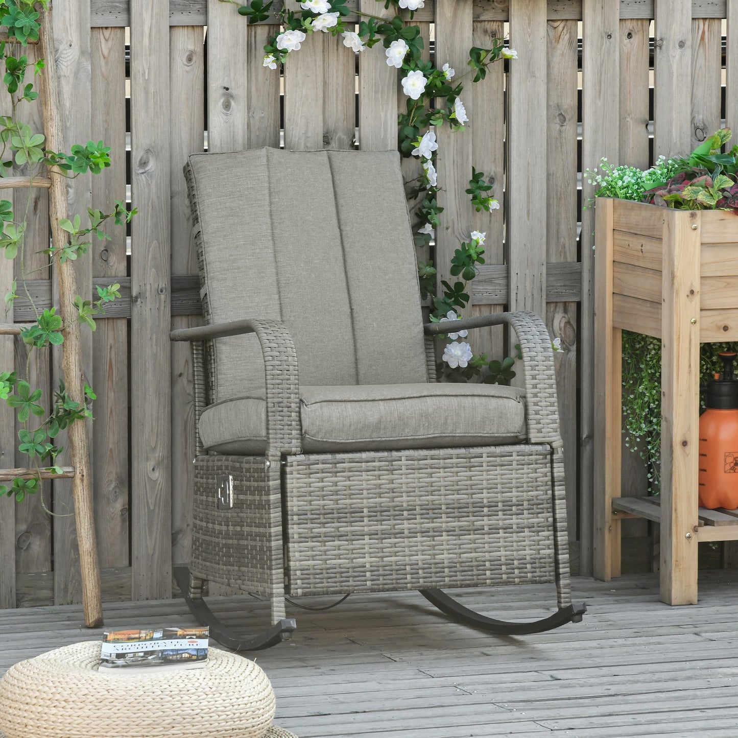 Gray PE Rattan Rocking Recliner with Adjustable Footrest