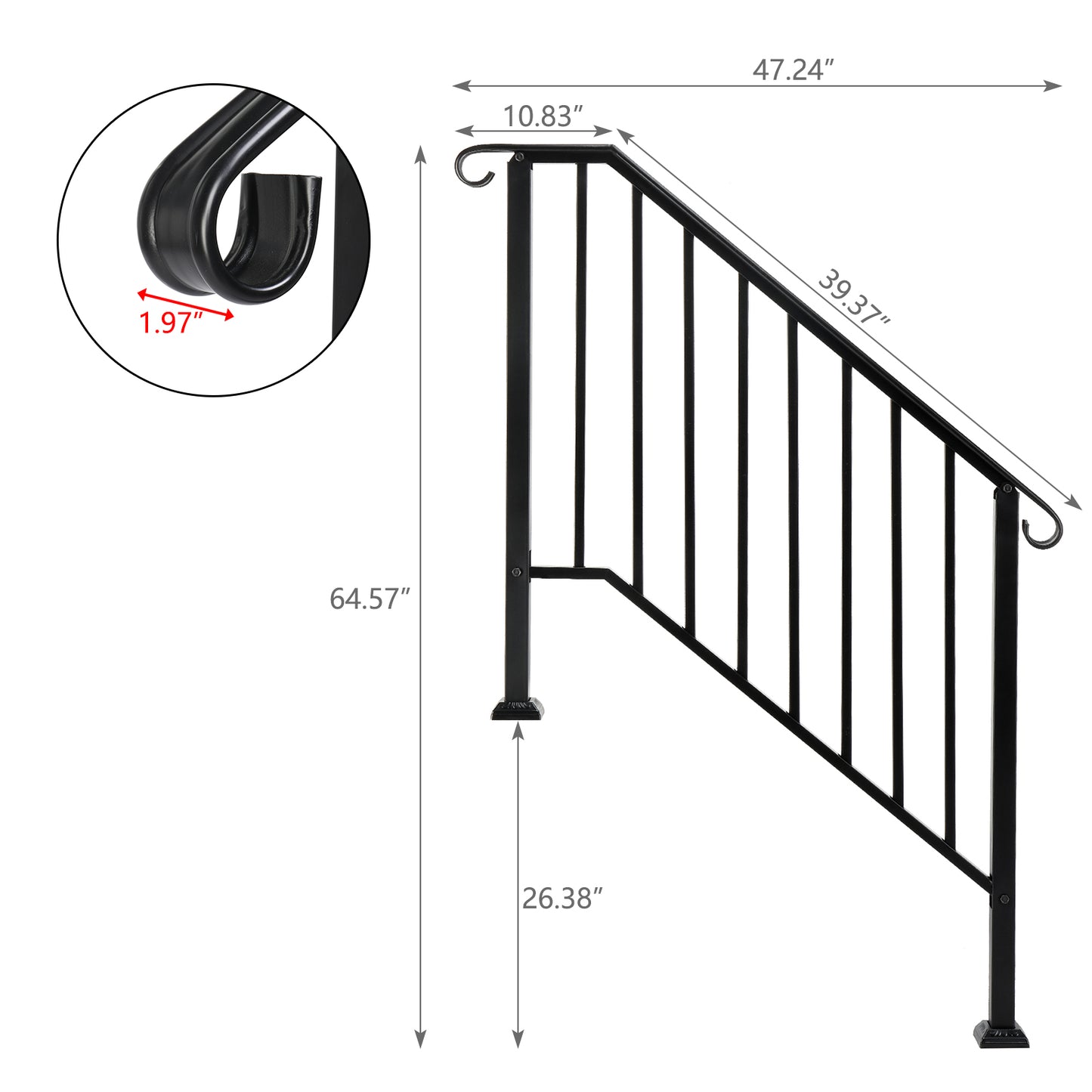 Black Wrought Iron Outdoor Stair Handrail for 3 or 4 Steps - Garden & Patio Railing with Installation Kit