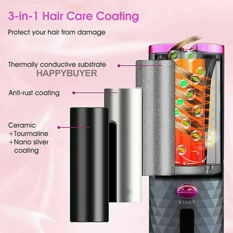 Cordless Auto-Rotating Hair Curler - Ceramic Wireless Curling Iron - Black