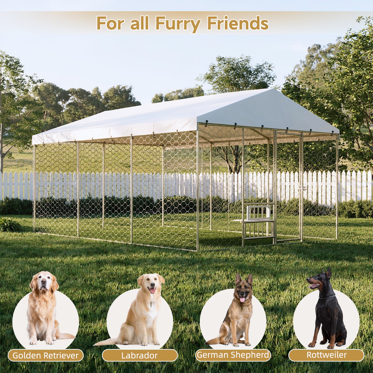 Large Outdoor Dog Kennel with Canopy, Galvanized Steel Frame, Waterproof Cover & Elevated Feeders