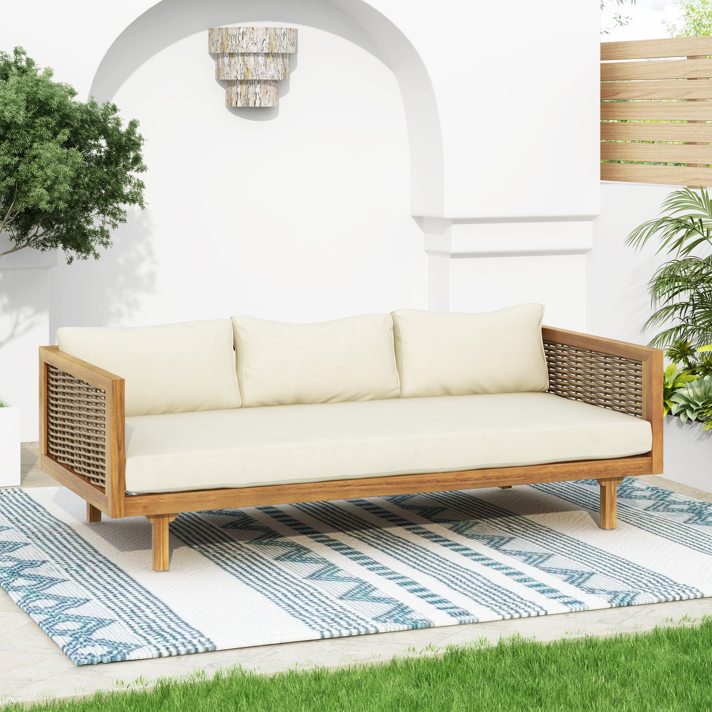 CLAREMONT 3 SEATER DAYBED WITH RATTAN ARMS BEIGE CUSHION