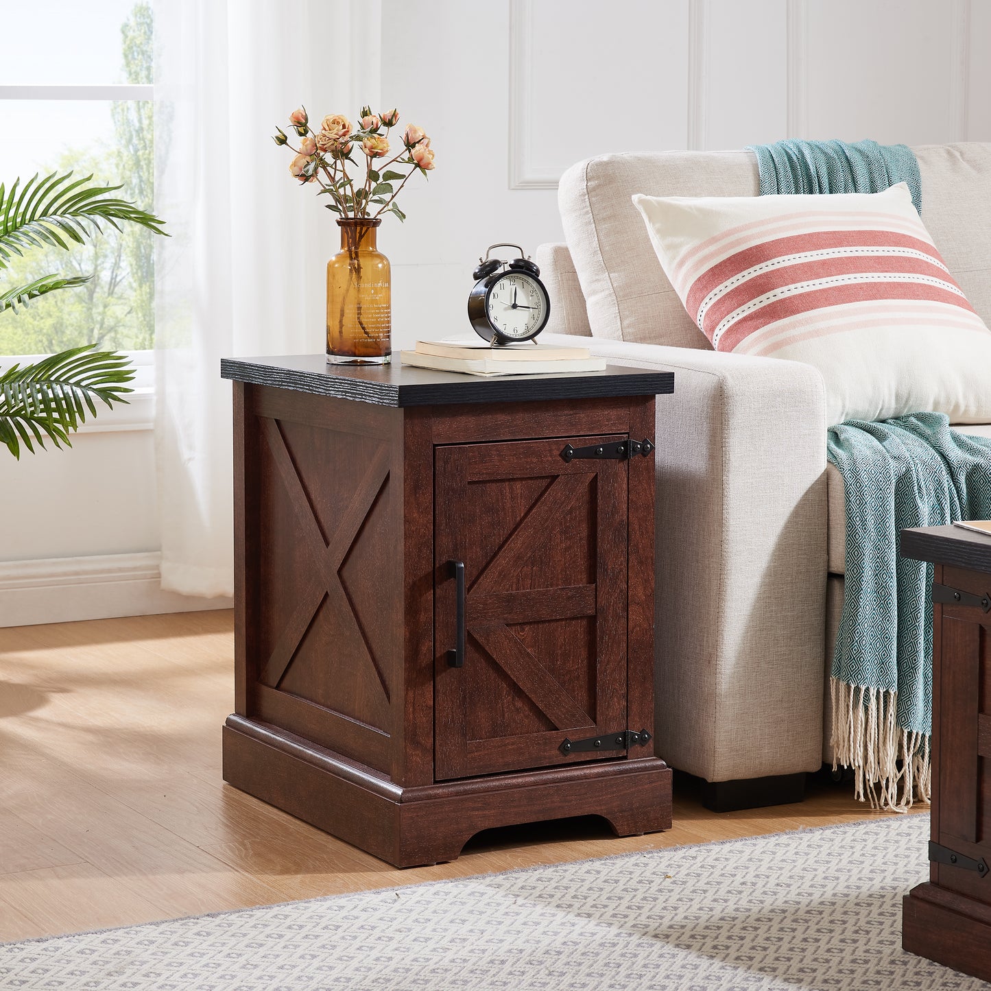 Rustic Farmhouse End Table with Barn Door and Adjustable Shelf - Oak