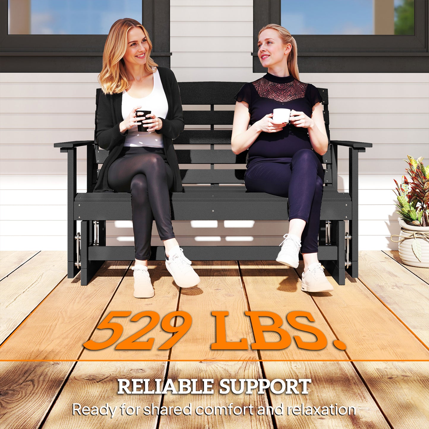 Patio Glider Bench - HDPE Slatted Double Rocking Chair - Black