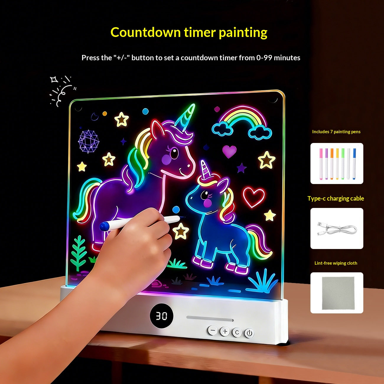 Kids Glow Drawing Board Rewritable Erasable Art Toy with Pens & Accessories