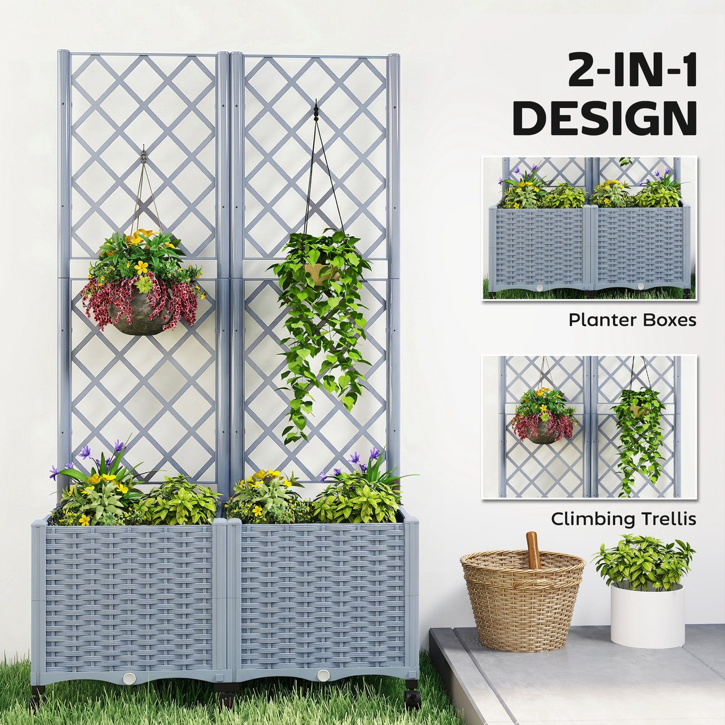 Self Watering Raised Garden Bed with Trellis and Lockable Wheels - Gray, 510x610x210 mm