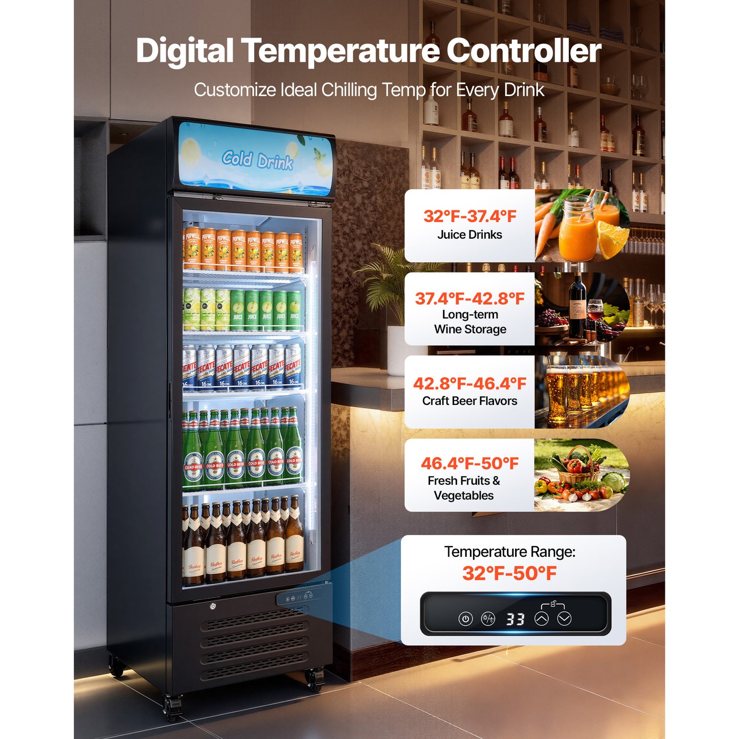 15.9 Cu.Ft Glass Door Commercial Refrigerator with Adjustable Shelves & LED Lighting