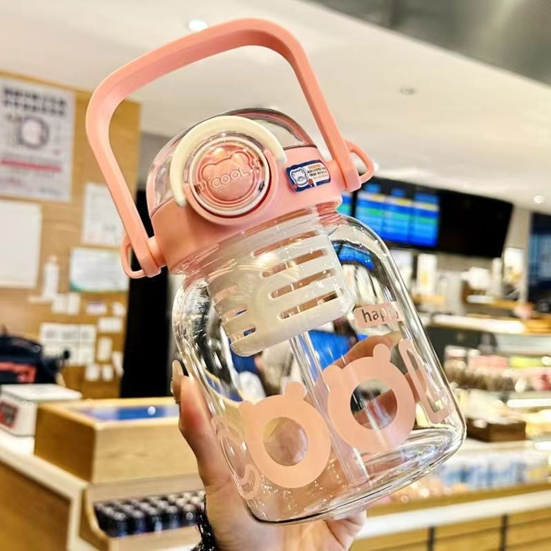 Wide Body Glass Water Bottle with Straw & Carry Handle - 1000ML