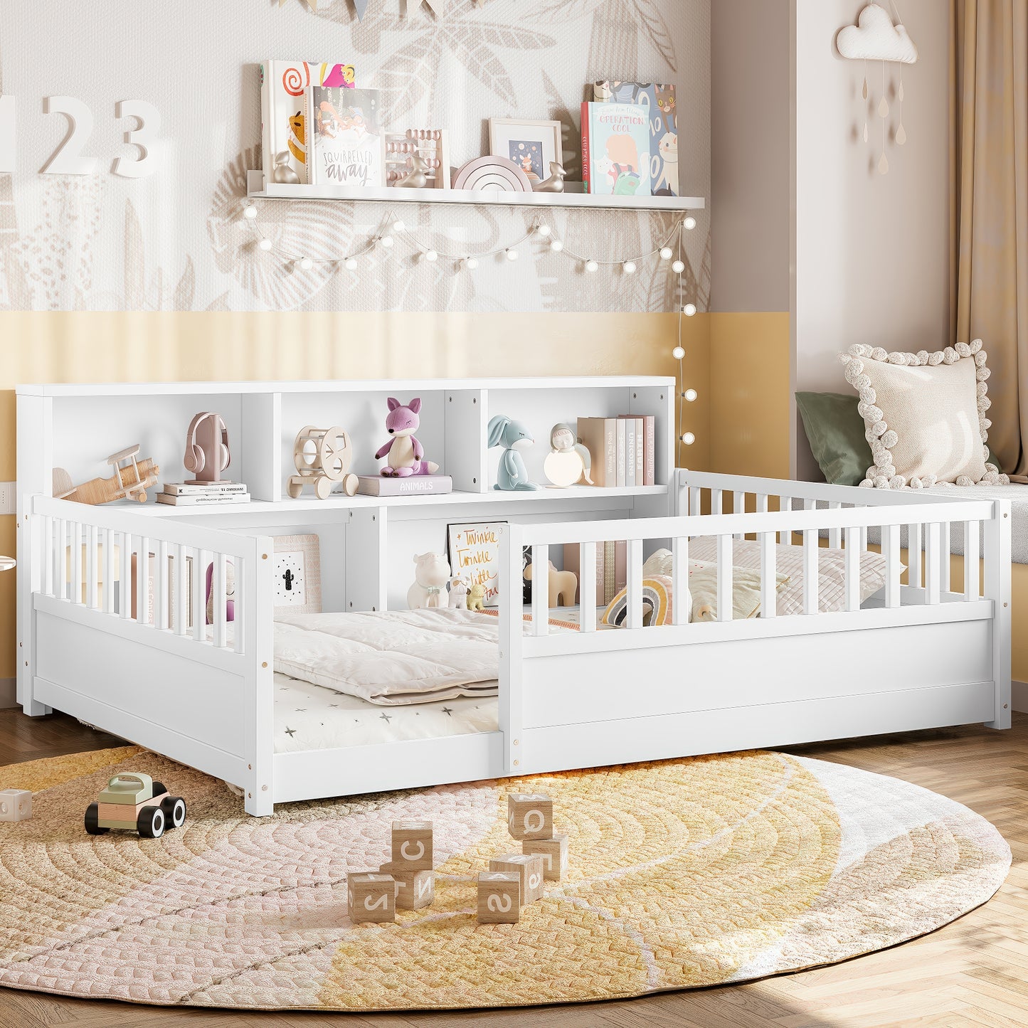 Full-Sized Wooden Floor Bed with Fence Guardrail and Storage - White