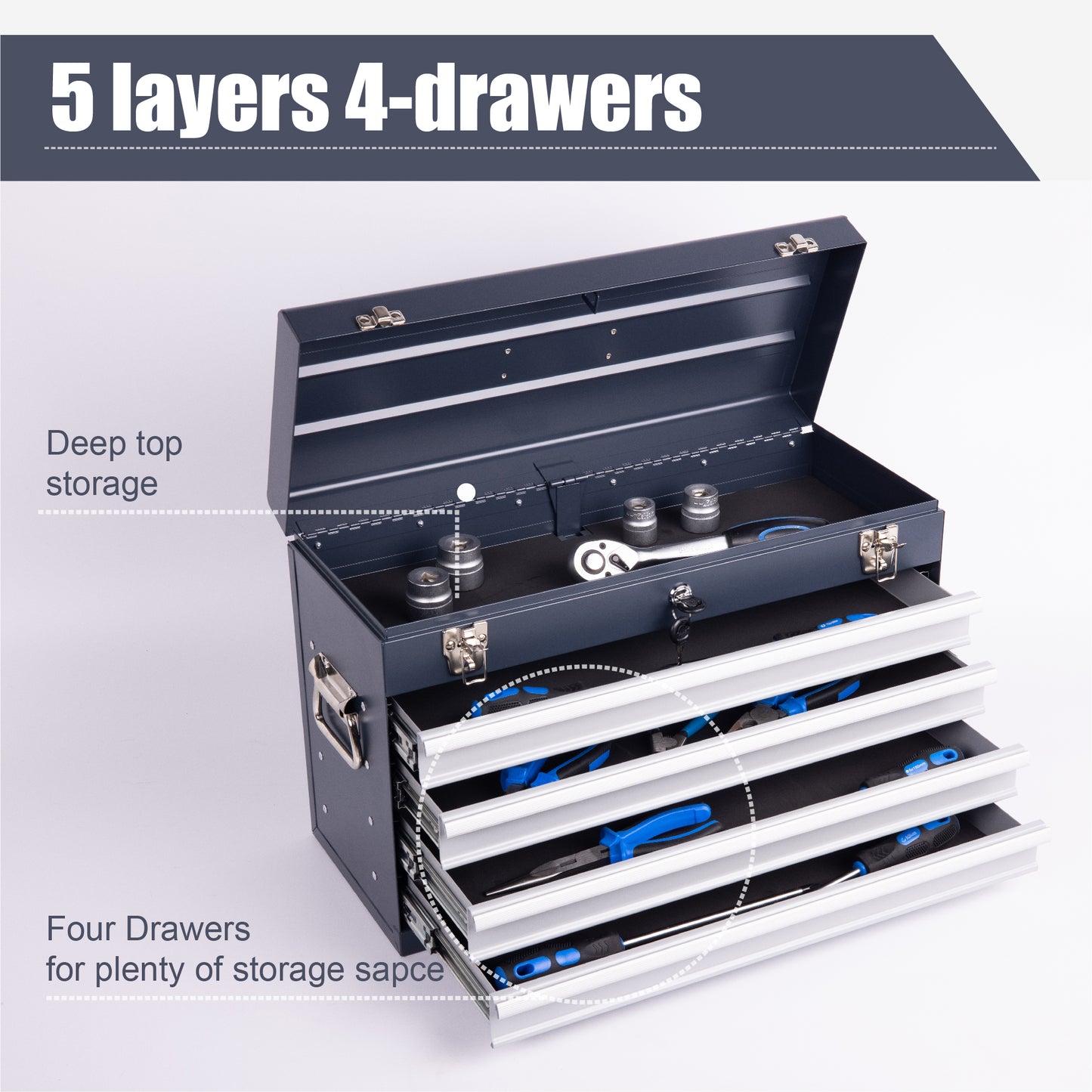 Heavy Duty Metal Tool Box 21-inch with 4 Drawers, Locking, EVA Liners, Antique Grey