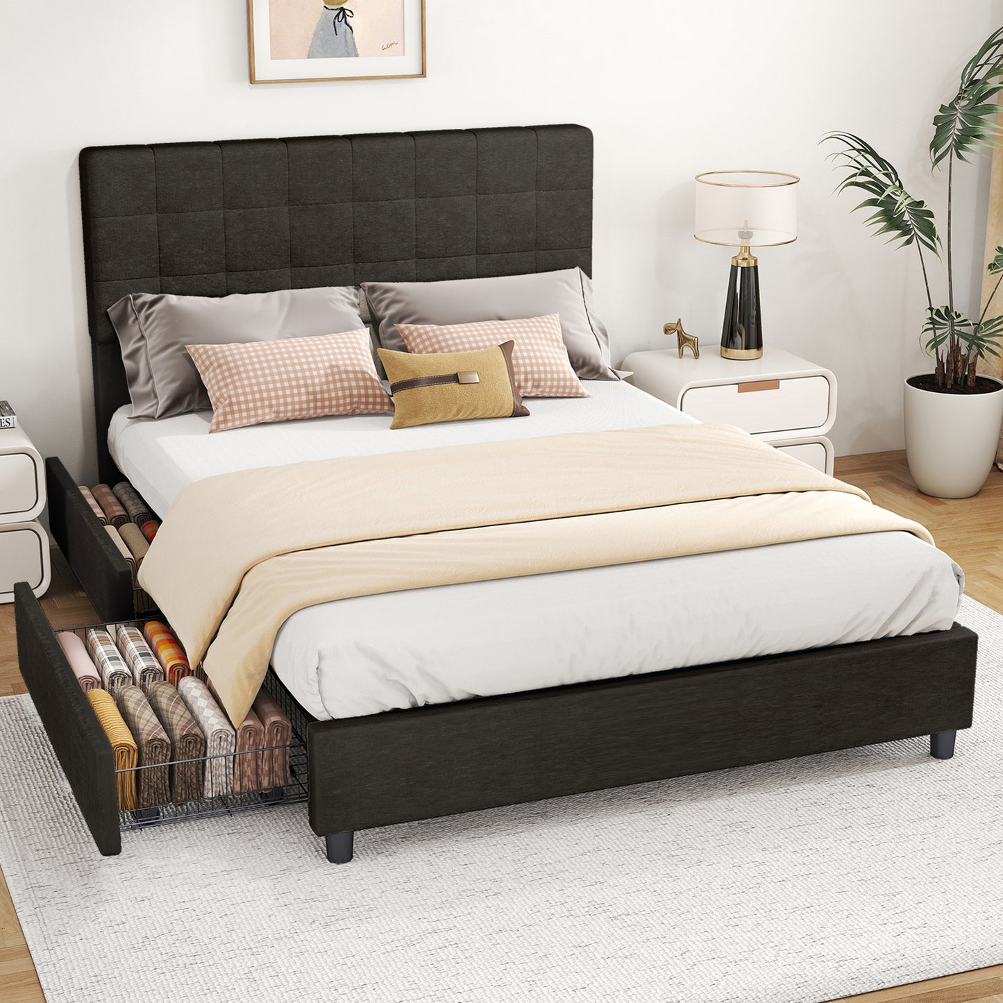 Full Bed Frame Upholstered Vertical Channel Headboard With 4 Storage