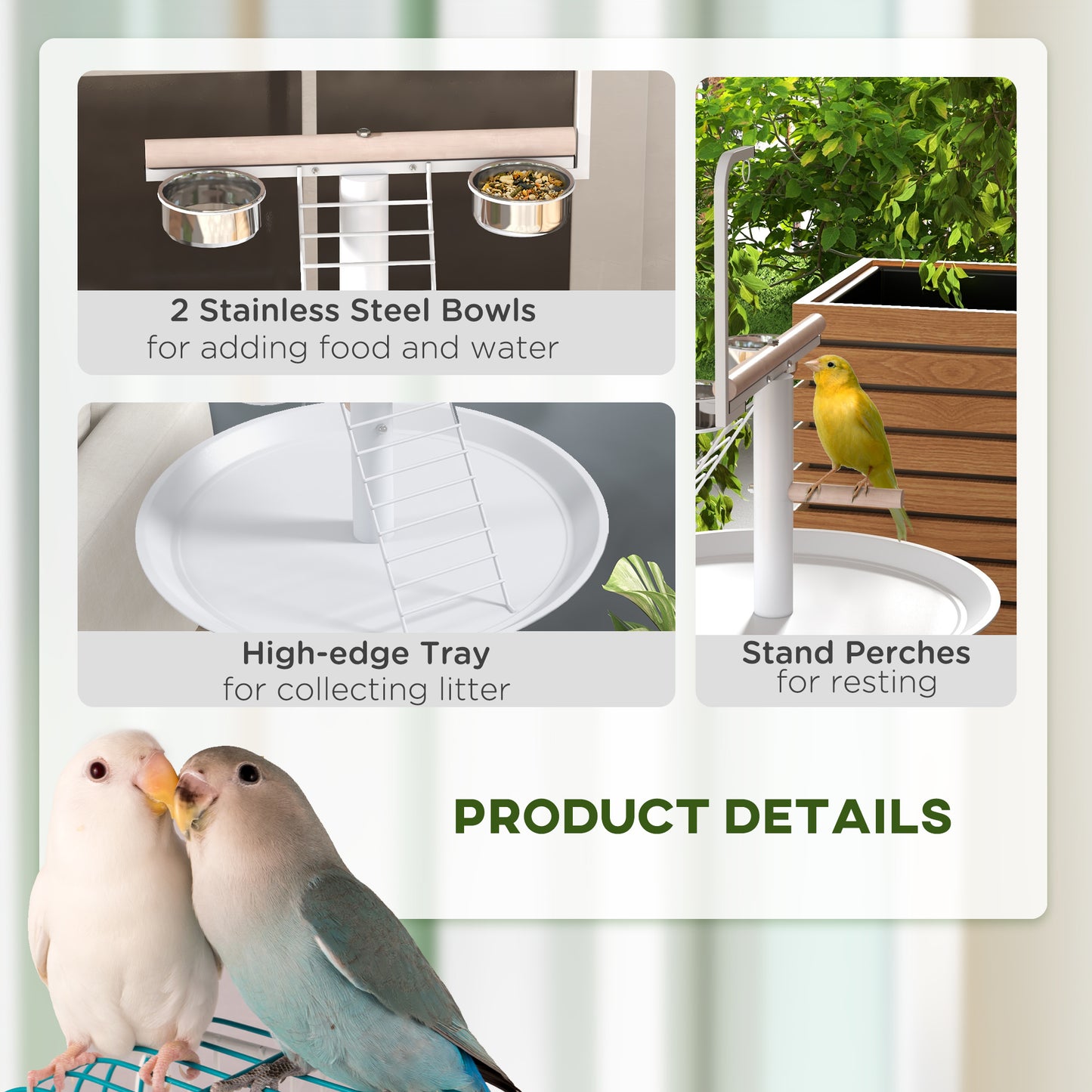 Bird Stand with Wheels, Perches, Feed Bowls & Tray for Parrots