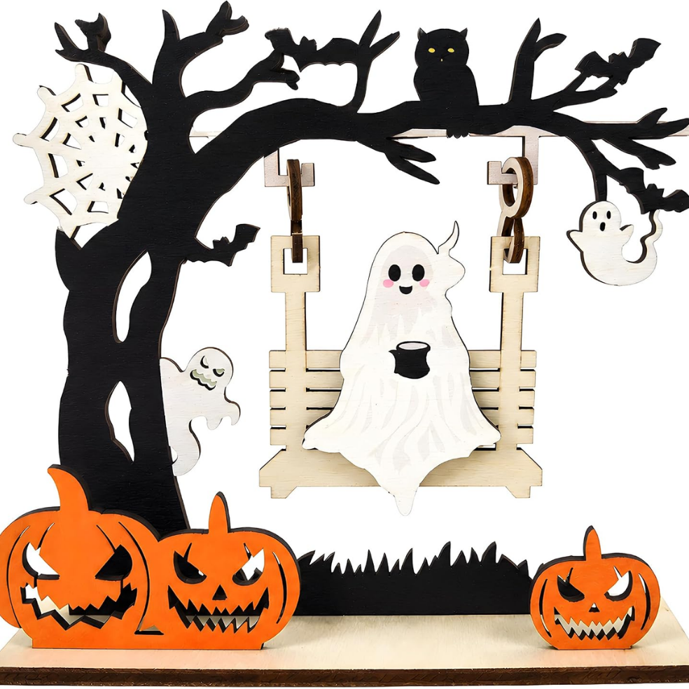 Halloween Ghost Pumpkin Wooden Centerpiece Decor - Black