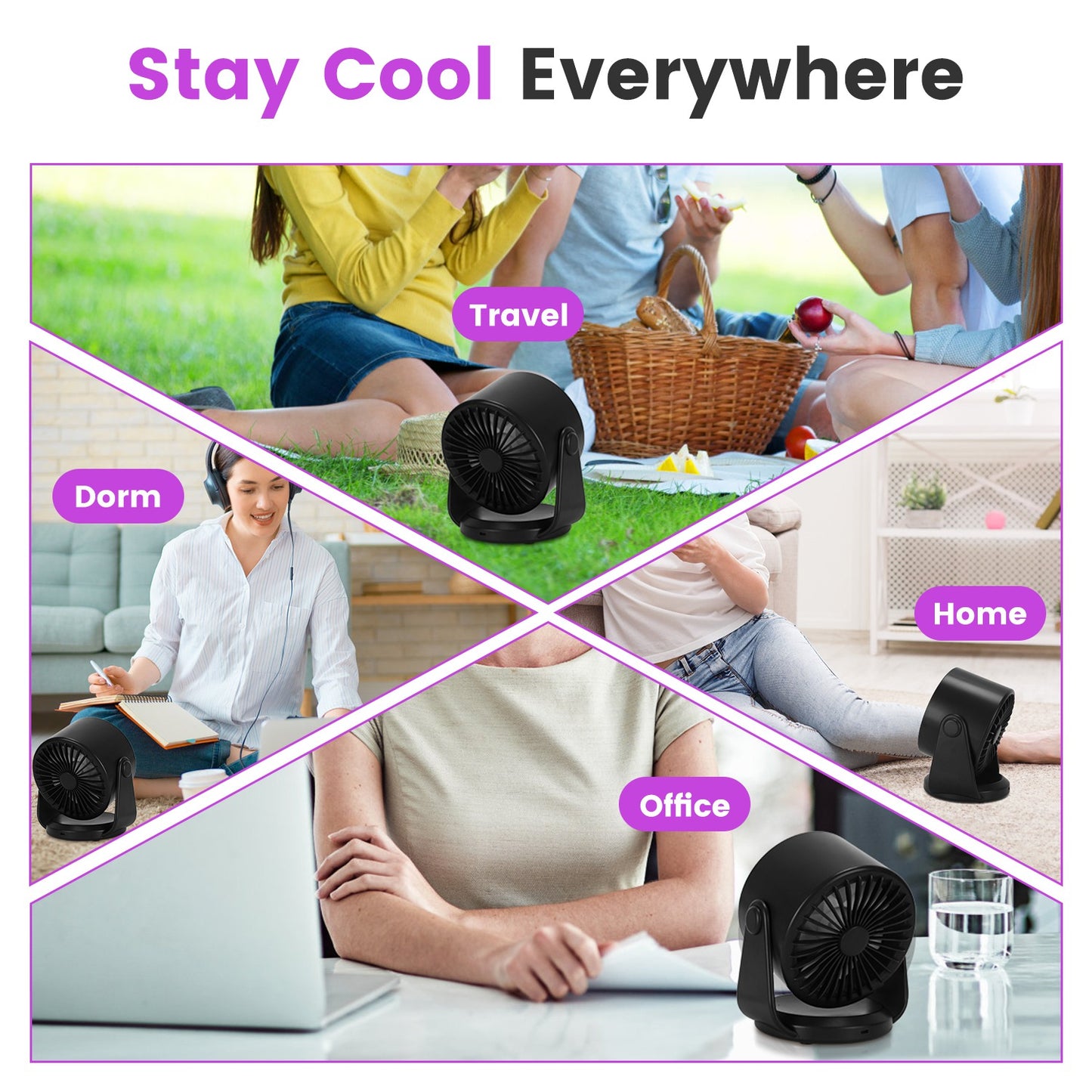 Rechargeable Battery-Operated Mini Desk Fan with 120° Tilt, USB & Wall Mount, 4000mAh