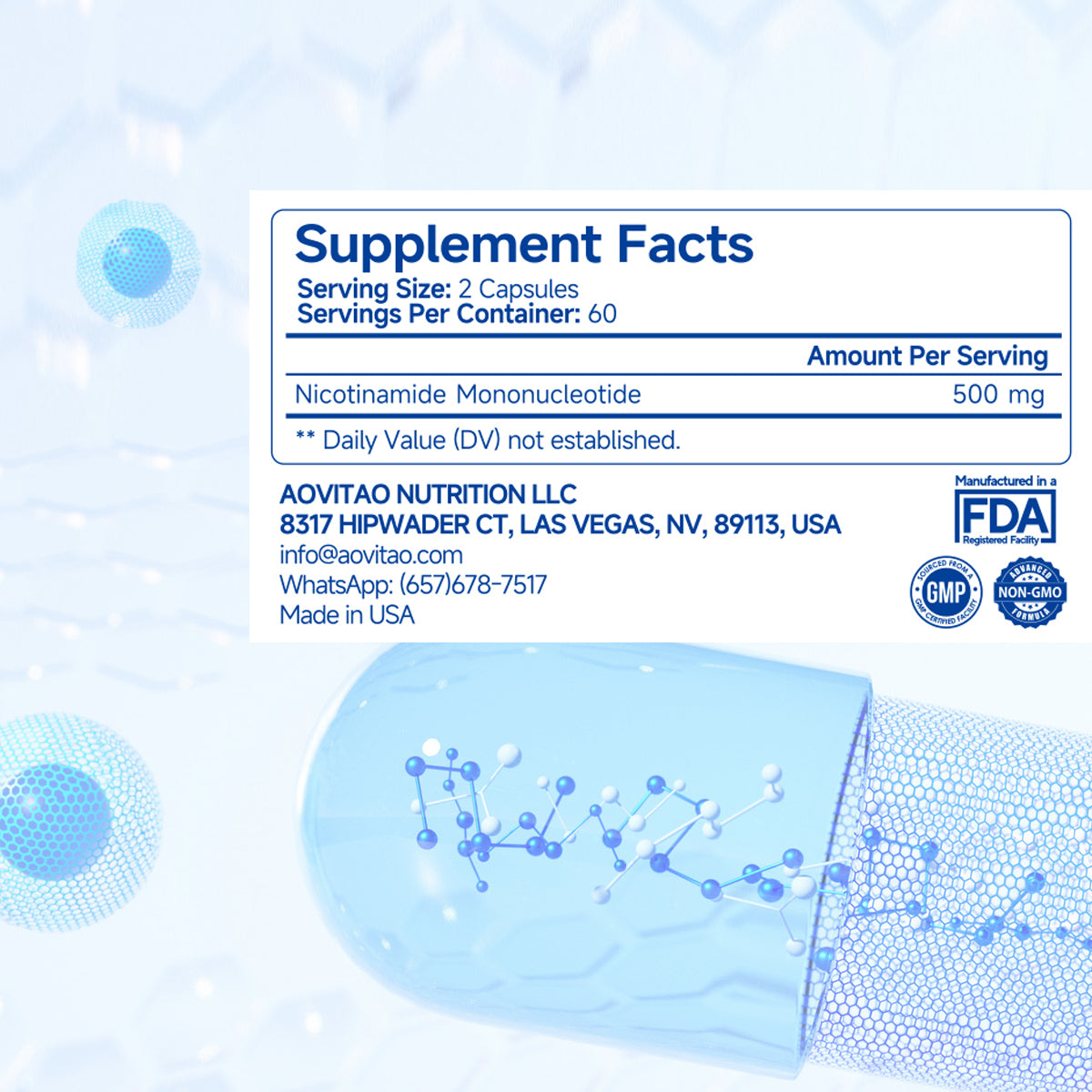 NMN Supplement 500mg - Ultra Pure NAD+ Booster for Cellular Health - 60 Capsules
