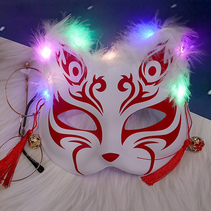 Halloween Party Luminous Feather Fox Mask Two-Faced Cat Face Mask