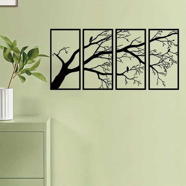 Minimalist Iron Bird & Branch Wall Art - 4-Panel Nature Home Decor