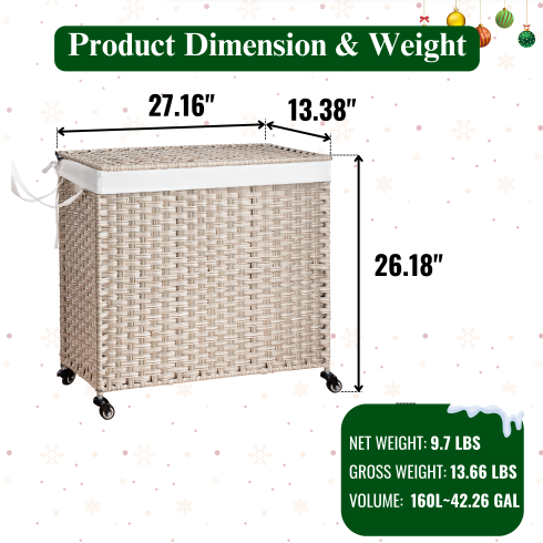 Laundry Hamper with Lid and Wheels - 160L Gray Rattan