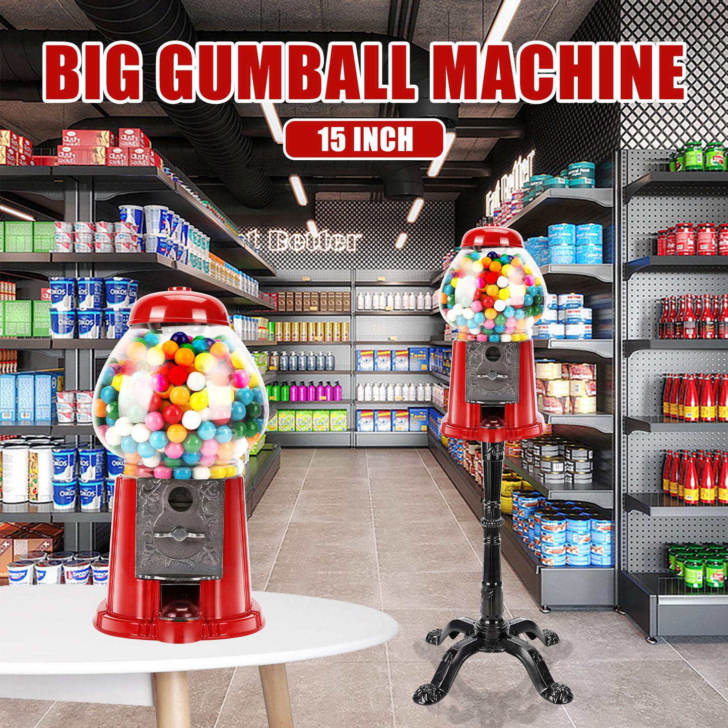 15-Inch Red Gumball Machine with Stand - Coin Operated Candy Dispenser