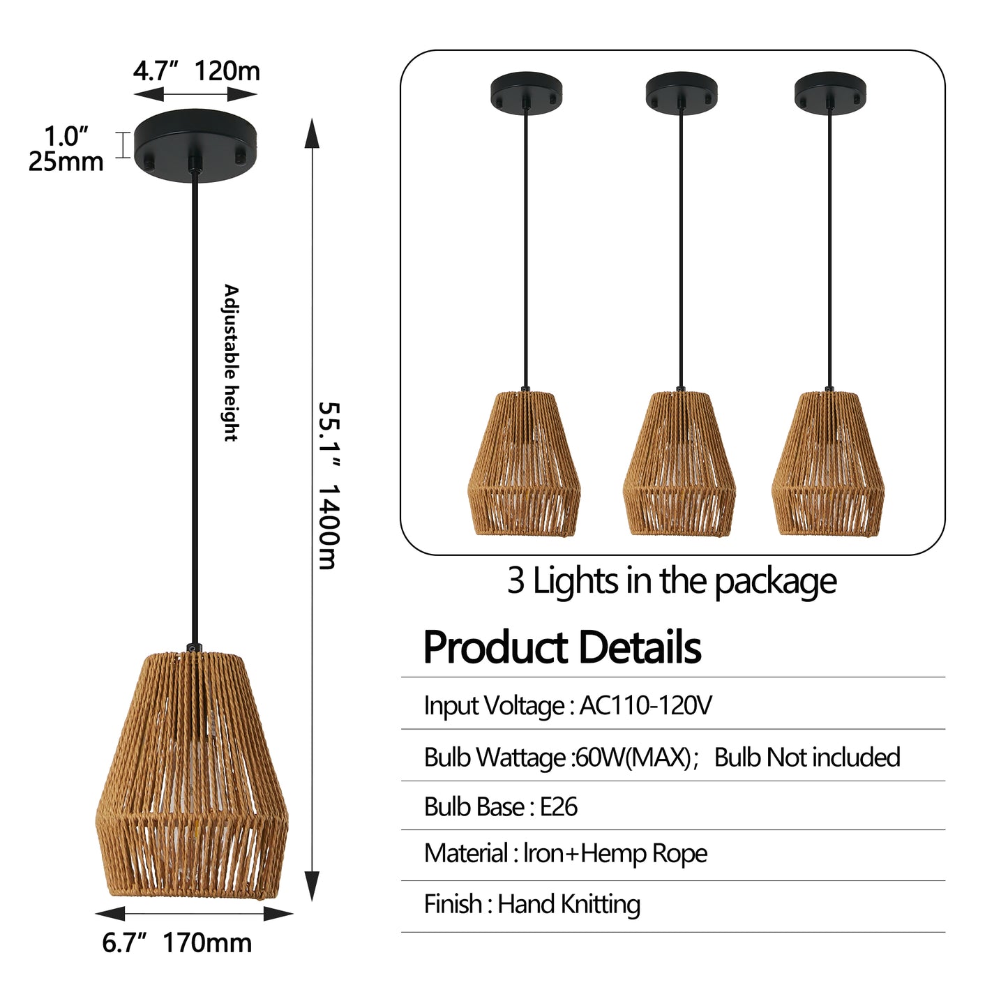 7-Inch Set of 3 Rustic Hemp Rope Pendant Lights - Farmhouse Ceiling Fixtures