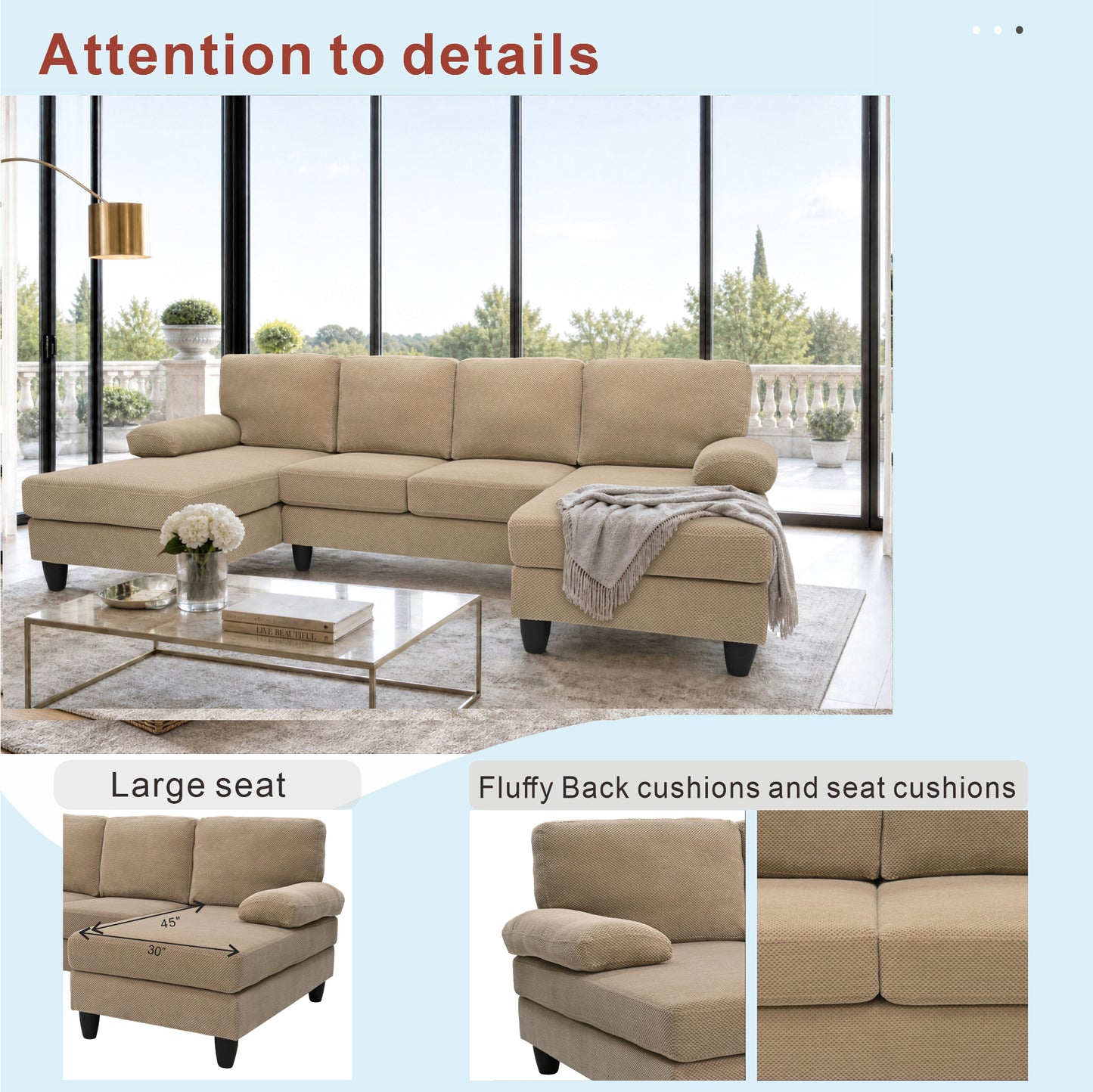 U-Shaped Sofa with Nubby Upholstery and Dual Chaise - Camel