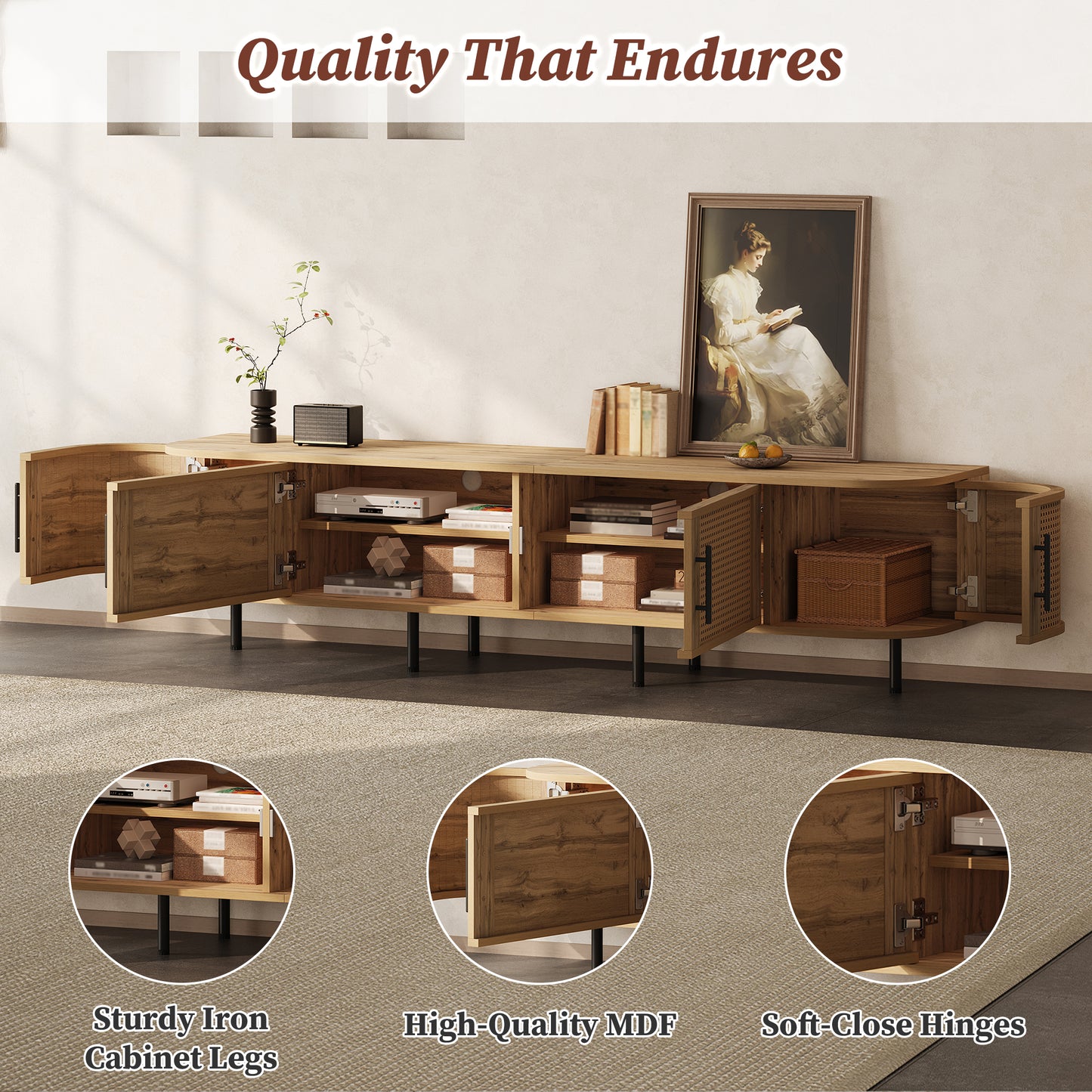 70-Inch Modern TV Stand with Rattan Doors for 80-Inch TVs