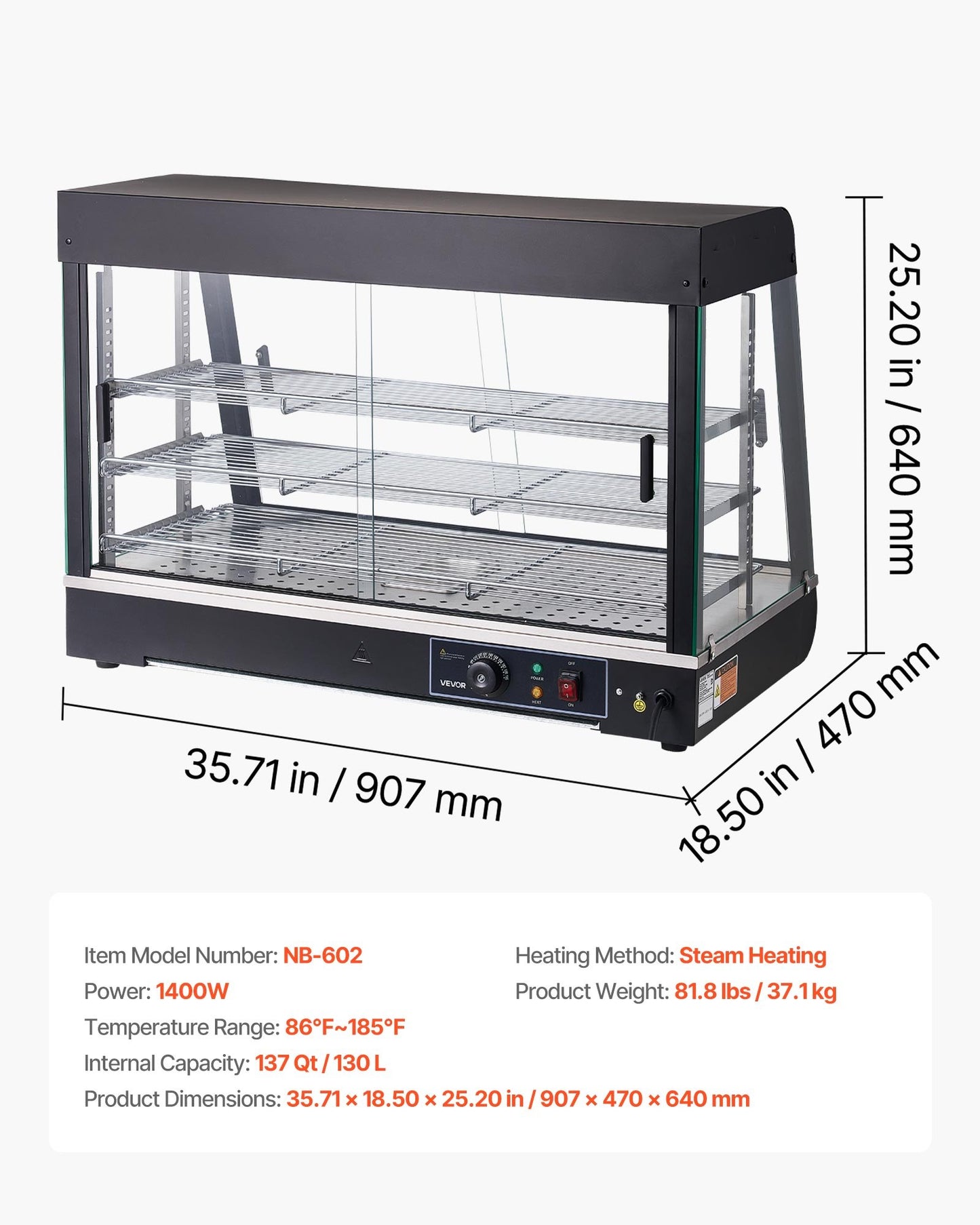 3-Tier Food Warmer Display with LED Light and Adjustable Shelves, 86℉–185℉, 137Qt