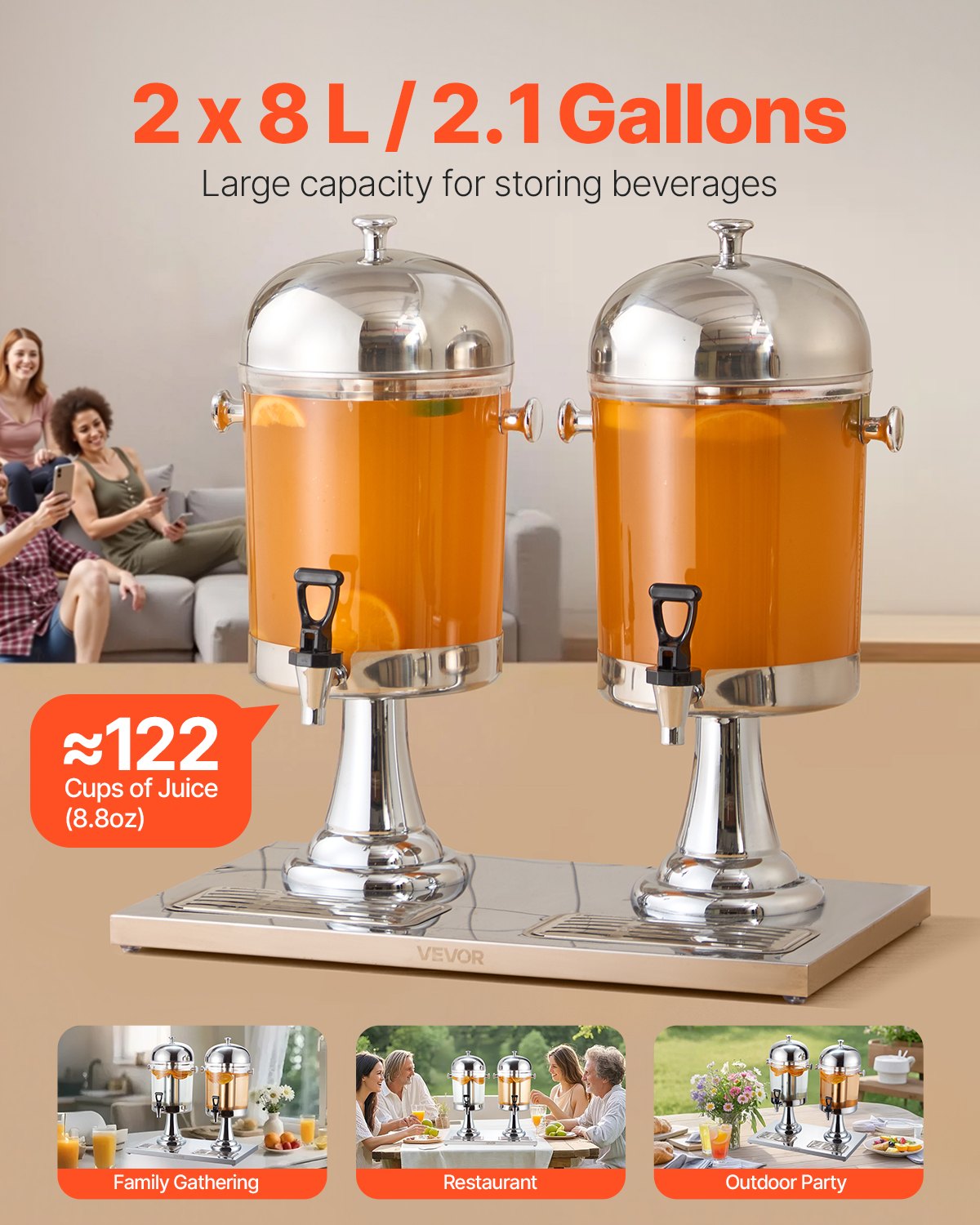 2.1 Gallon Dual Beverage Dispenser with Spigot & Tray