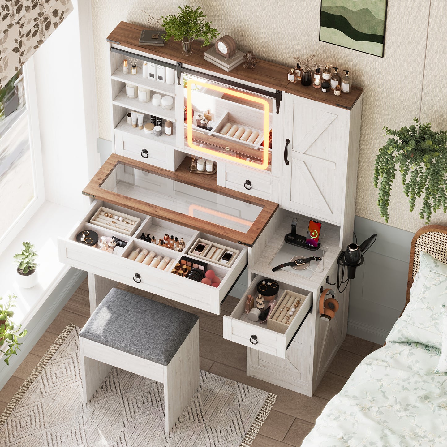 Farmhouse Vanity Desk With Sliding Mirror And Lights, Set Glass Top
