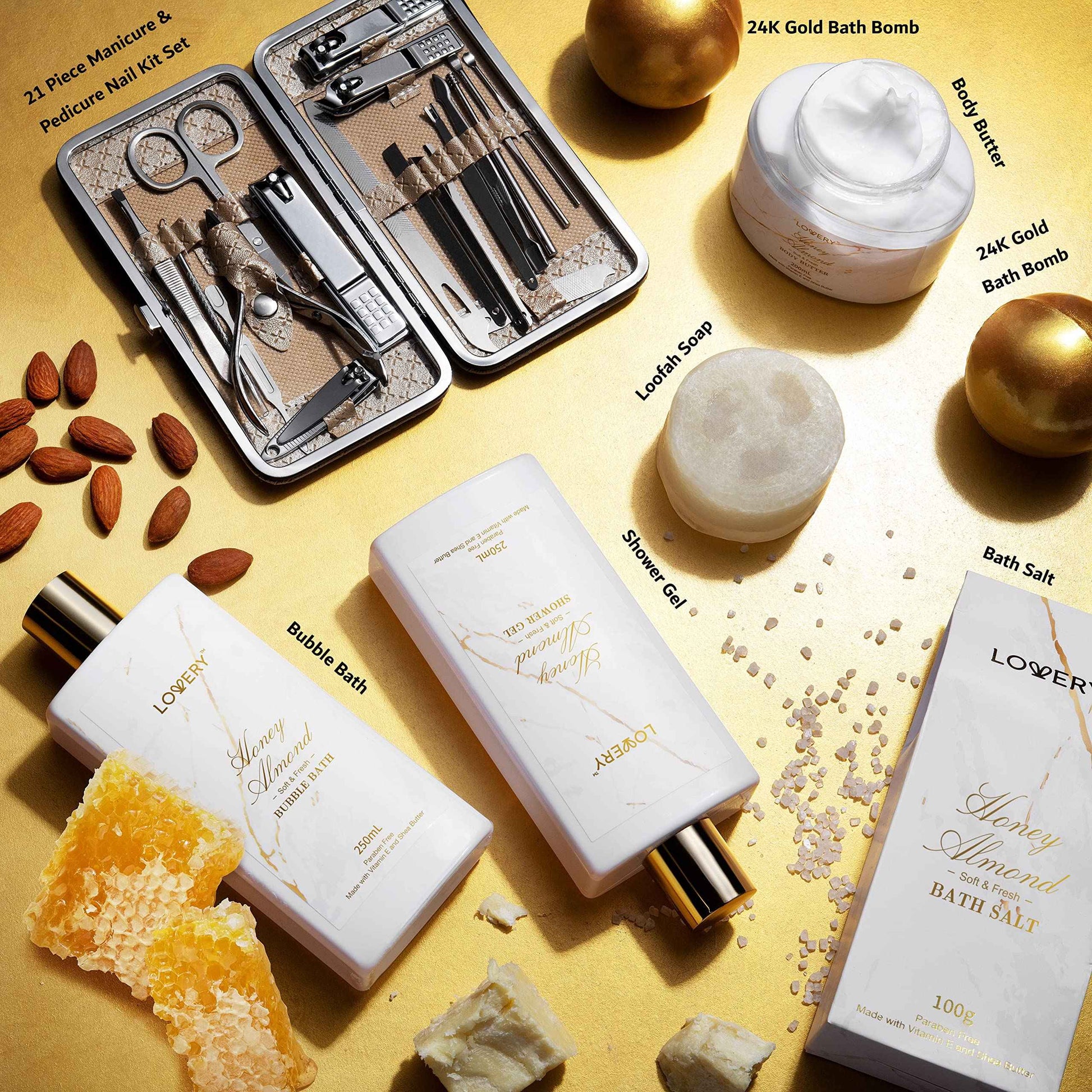 Gifts for Mom, Gift Basket, Spa Gifts For Women, 31Pc Self Care Kit, Stress Relief Gift, Birthday, Thank You, Honey Almond Bath and Body Gift - Toiletry Bag, Nail Kit, Bath Bombs & More