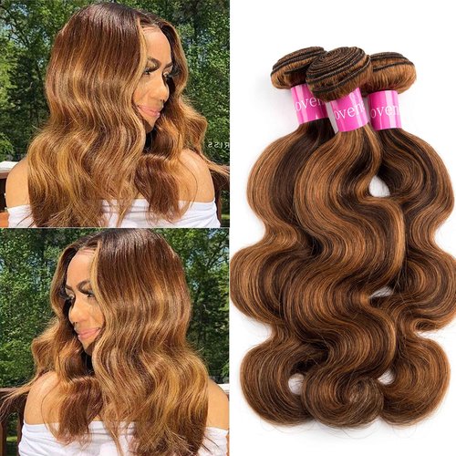 Lovenea Highlight Body Wave Human Hair Bundles Brazilian Body Wave 3 Bundles 12+14+16 inch 10a 100% Brazilian Virgin Human Hair Bundles Piano Color 4/27 (12 14 16, P4/27)