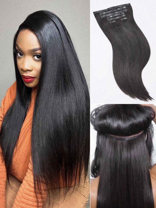 LUVME Yaki Straight Seamless 2 Pack 220g 14Pcs Clip in Hair Extensions Full Max with 14inch Remy Human Hair Extensions, Natural Black 100% Real Soft Hair
