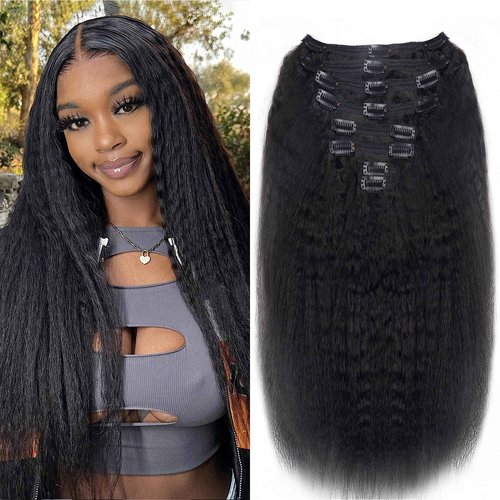 Mihugass Clip in Hair Extensions Real Human Hair Natural Black Kinky Clip ins Seamless Kinky Straight Clip on Hair Extensions for Women 8pcs with 18 Clips 120g(26inch)